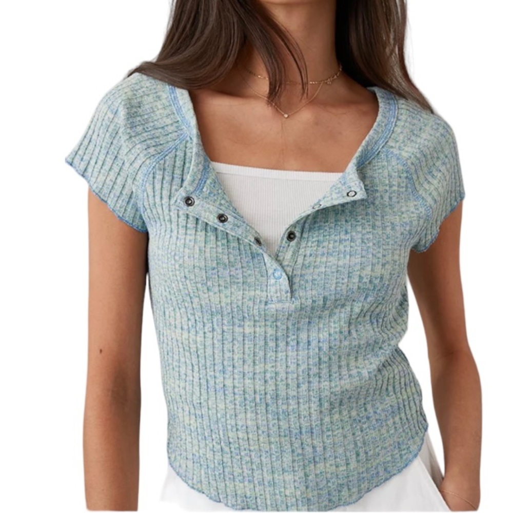 American Eagle Hey Baby Henley Tee S M CHOOSE Blue Ribbed Gift Casual Preppy NEW
